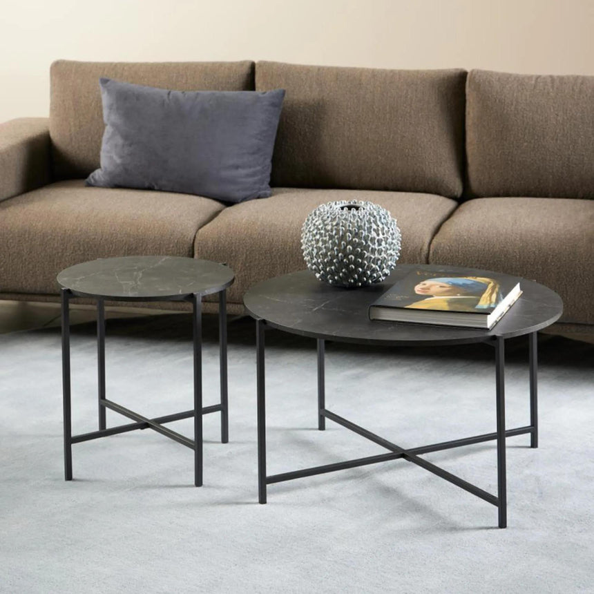 Lamoine Coffee Table - Round - Black Marble Effect