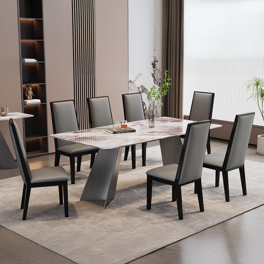 Taurus Dining Set - 6 Seater - 180cm - Beige Marble - Elite Dining Chairs - Grey Leather - High Back