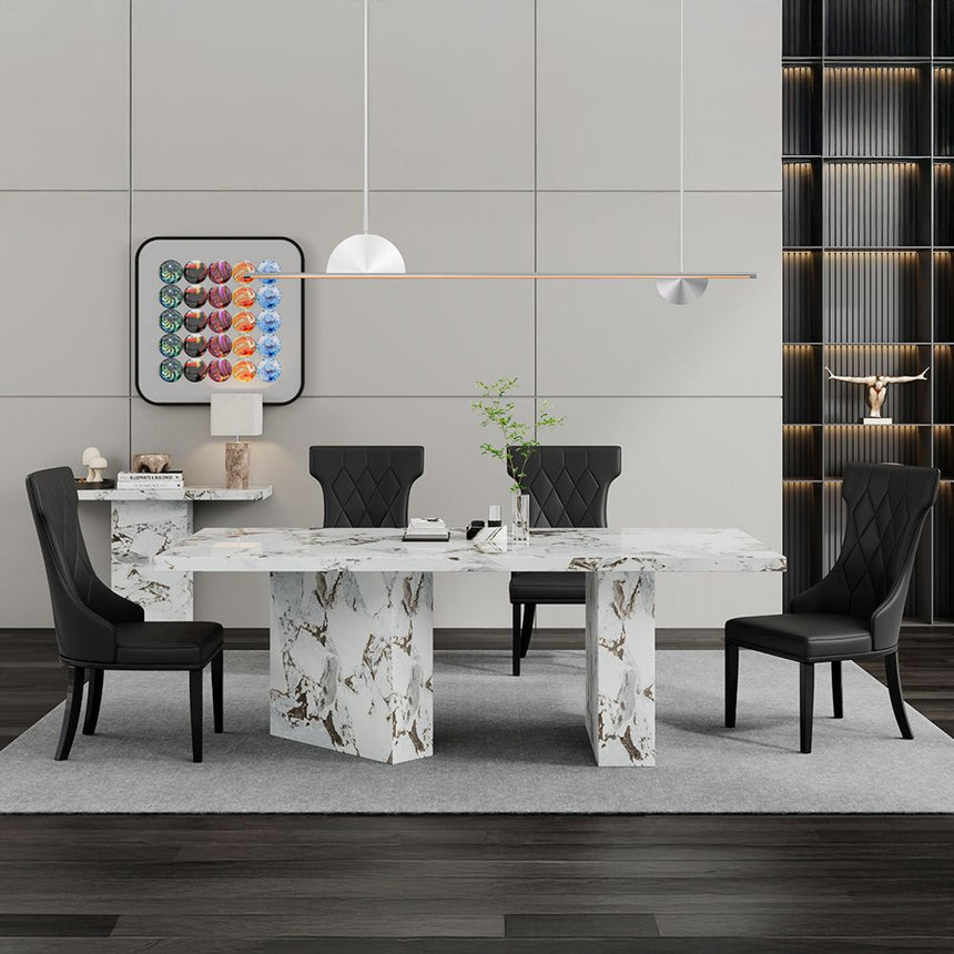 Viola Dining Set - 8 Seater - 200cm - White Marble - Mimi Dining Chairs - Black Leather - Large High Back