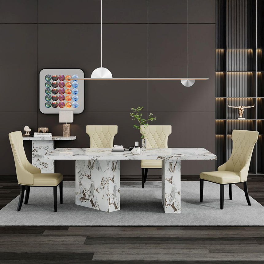 Viola Dining Set - 8 Seater - 200cm - White Marble - Mimi Dining Chairs - Cream Leather - Large High Back