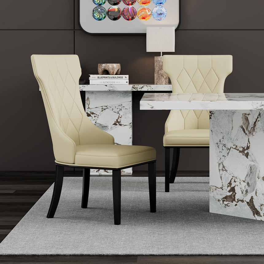 Viola Dining Set - 8 Seater - 200cm - White Marble - Mimi Dining Chairs - Cream Leather - Large High Back