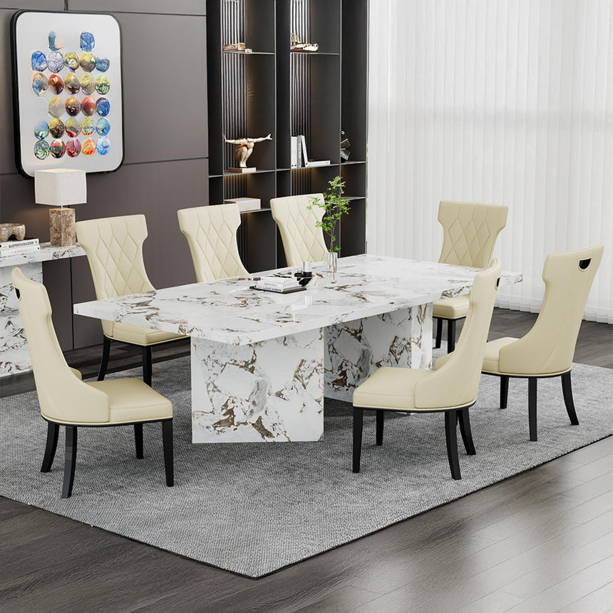 Viola Dining Set - 8 Seater - 200cm - White Marble - Mimi Dining Chairs - Cream Leather - Large High Back