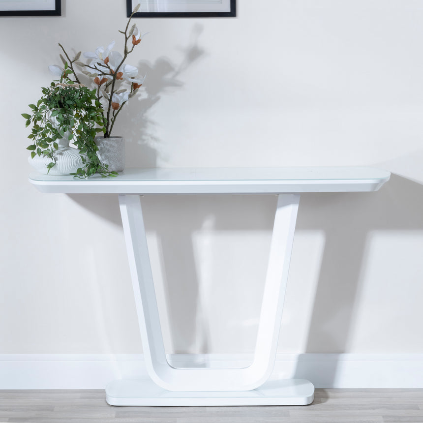 Bloomsbury White Glass Console Table with V Base