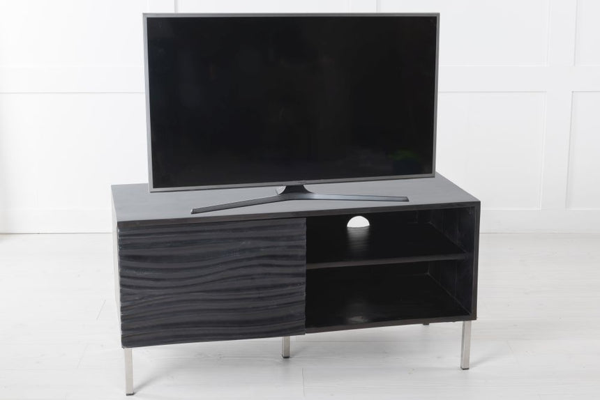 Wave Mango Wood TV Unit, Black Ripple Pattern 100cm Wide, Stand Upto 32in Plasma - 1 Door with 2 Shelf
