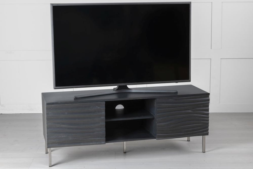 Wave Mango Wood TV Unit, Charcoal Grey Ripple Pattern 130cm Wide, Stand Upto 50in Plasma - 2 Door with 3 Shelf