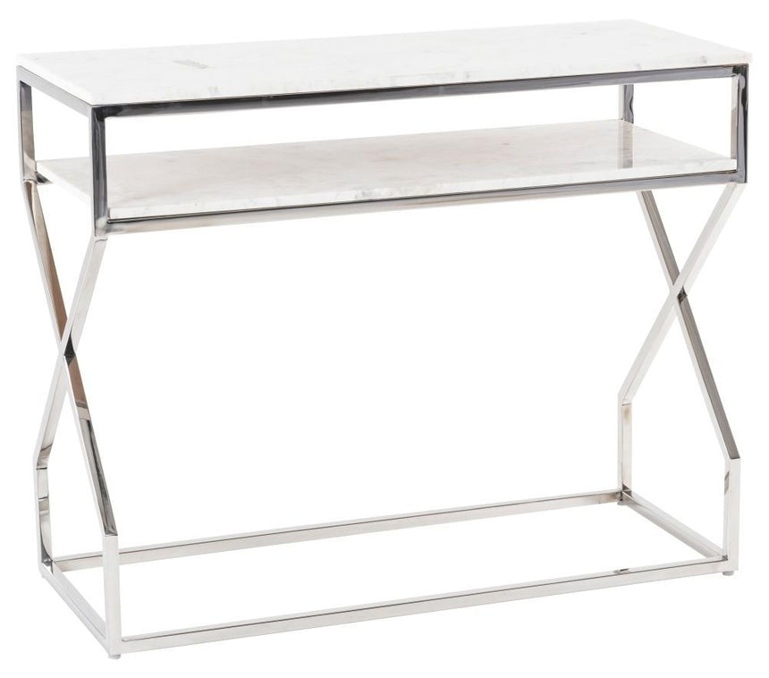 Crossroad Marble Console Table, White Top with Stainless Steel Chrome Frame