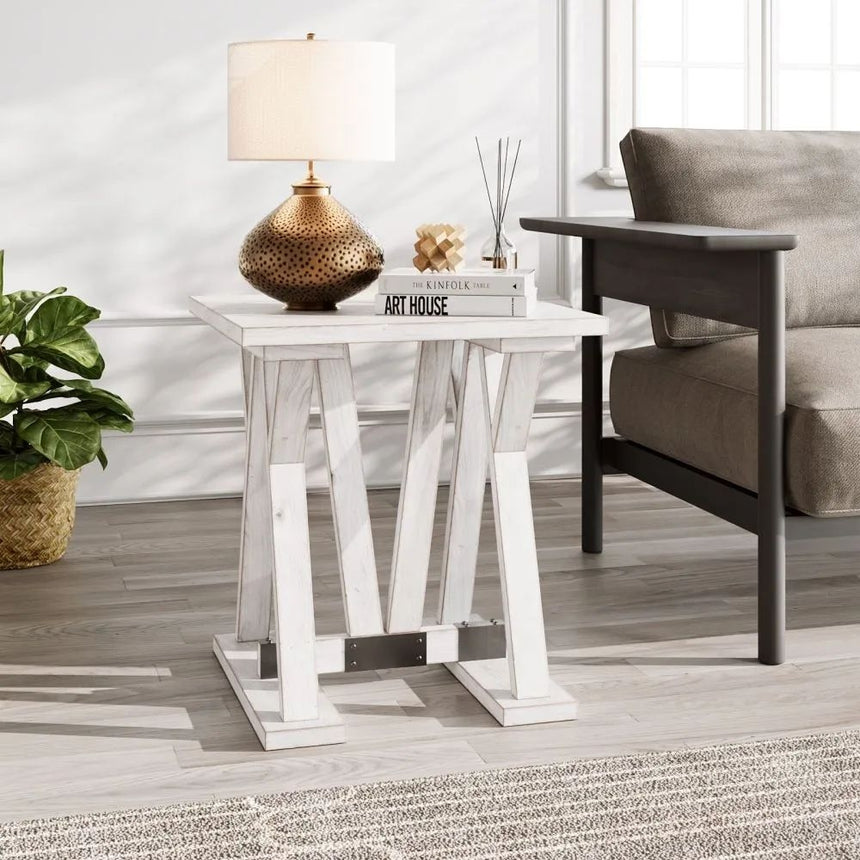 Farmhouse Mango Wood White Washed Trestle Side Table