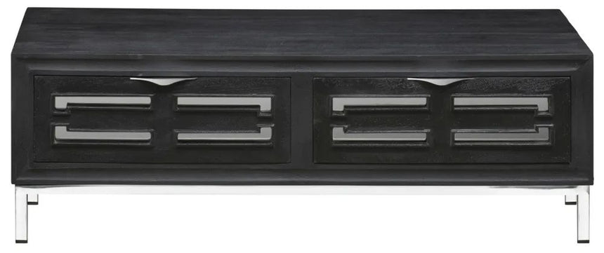 Geo Black Painted Mirrored Storage Coffee Table, Solid Mango Wood with Stainless Steel Chrome Base - 2 Drawers