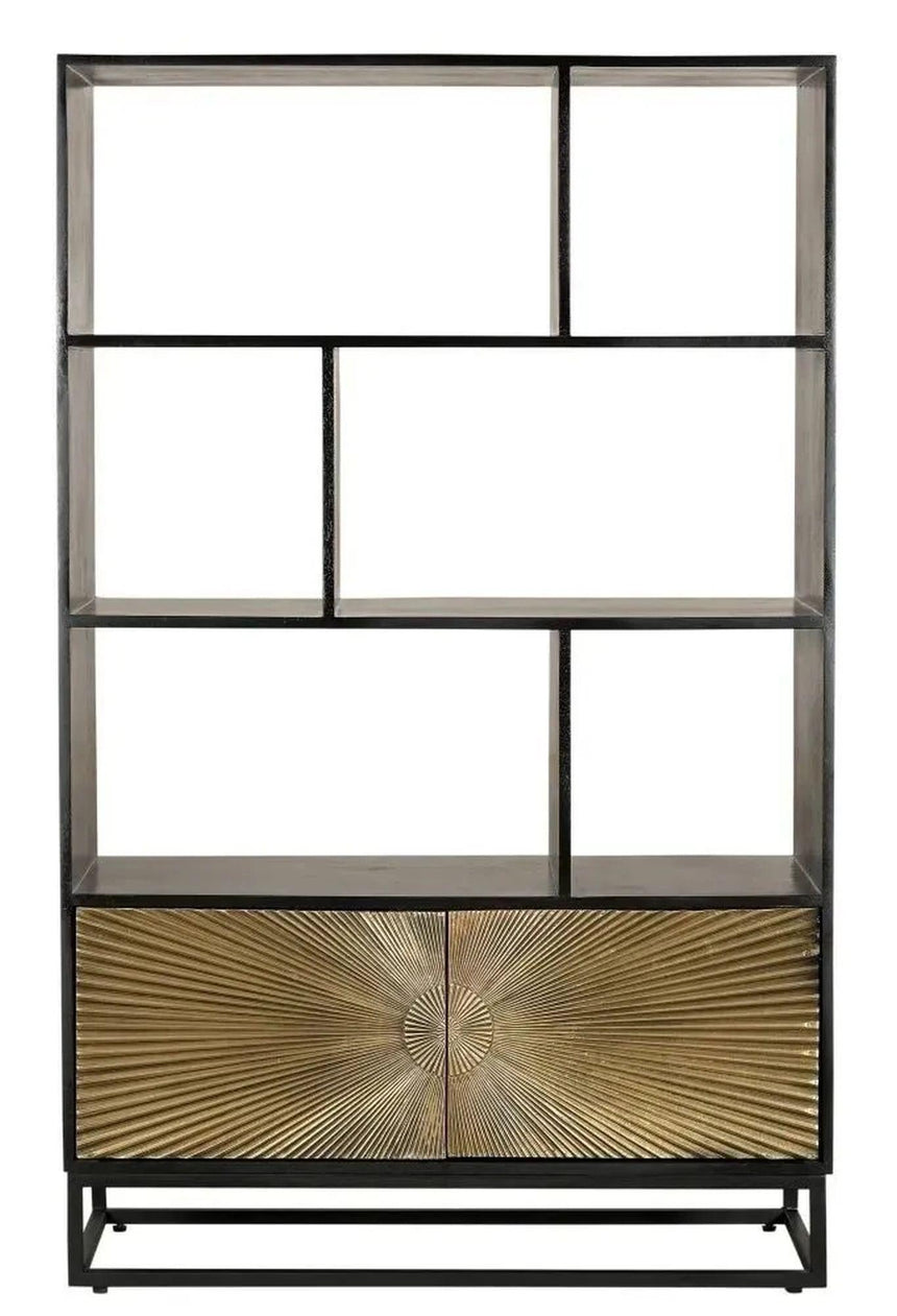 Luxe Black and Antique Gold Starburst Open Display Shelving Unit with Cupboard