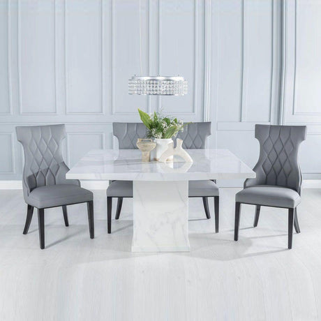 Turin 140cm Square White Marble Dining Set - Mimi Grey Faux Leather Chairs-2