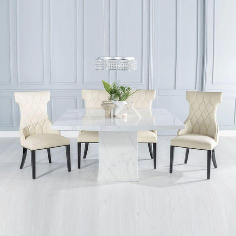 Turin 140cm Square White Marble Dining Set - Mimi Cream Faux Leather Chairs