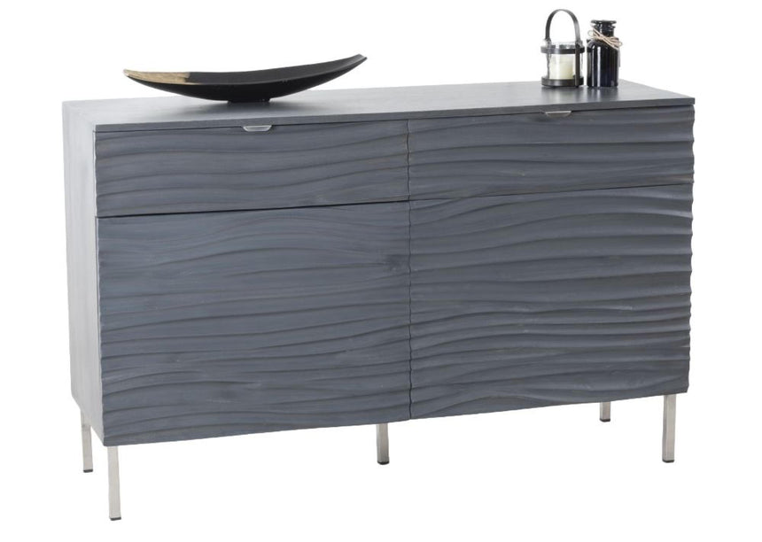 Ripple Grey Wave Mango Wood 120cm Small Sideboard with Black Geometric Trim - 2 Doors