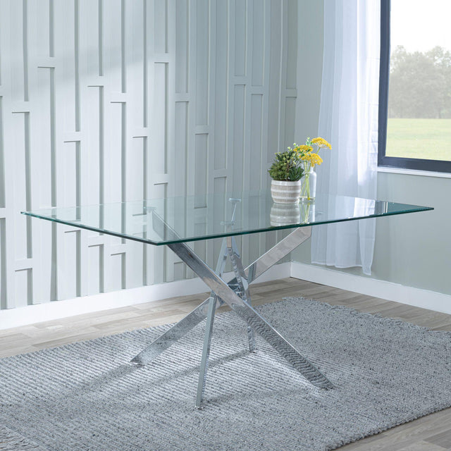 Clearance - Chopstick 6 Seater Clear Glass Dining Table with Chrome Metal Legs - 150cm