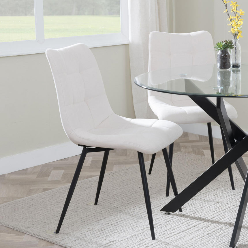 Corona Dining Chairs in Beige Colour Fabric and Black Metal Legs