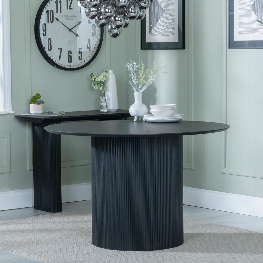 Bern Fluted 4 Seater Black Round Dining Table with Drum Base - 120cm-3