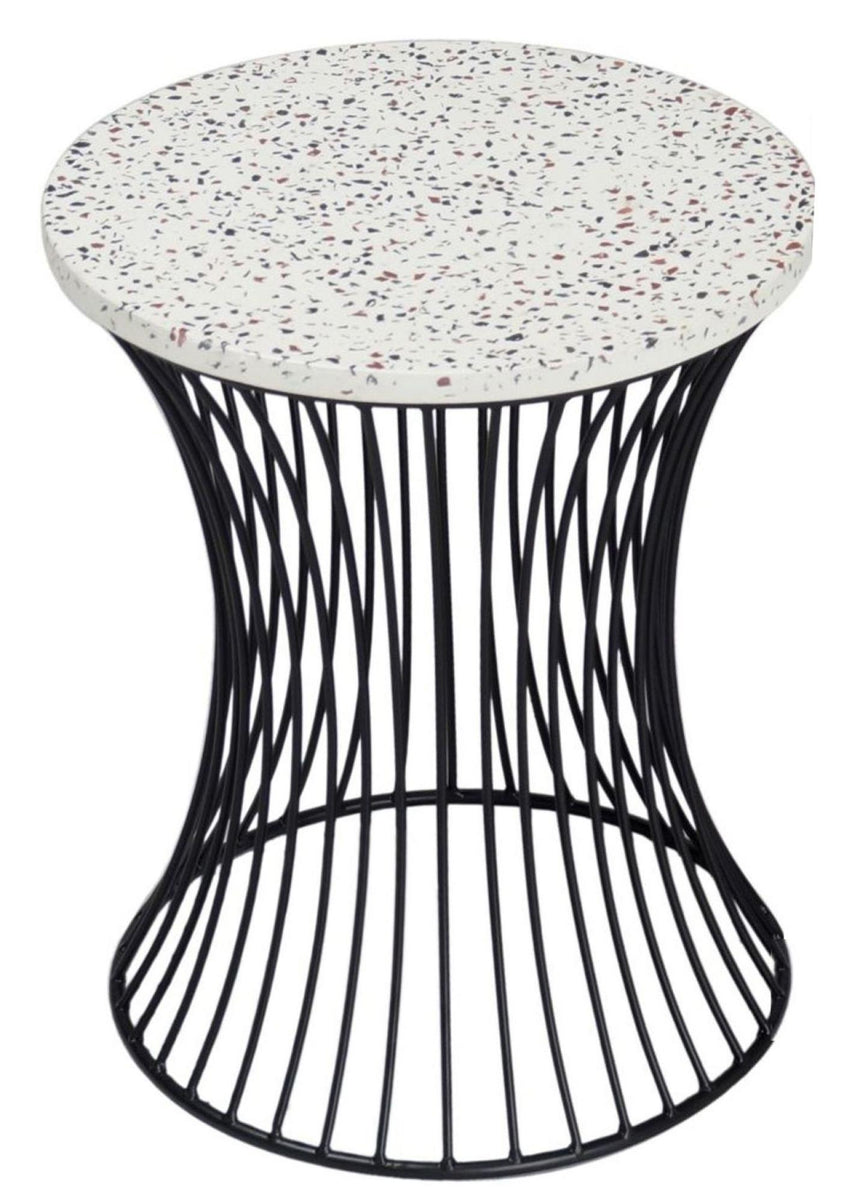 Ritz Terrazzo Drum Shape Accent Table, Black Wire Metal Base