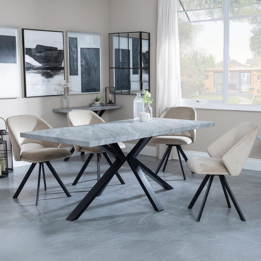 Ezra Grey Concrete Dining Set with Spider Legs - Ion Beige Velvet Fabric Swivel Dining Chair-2