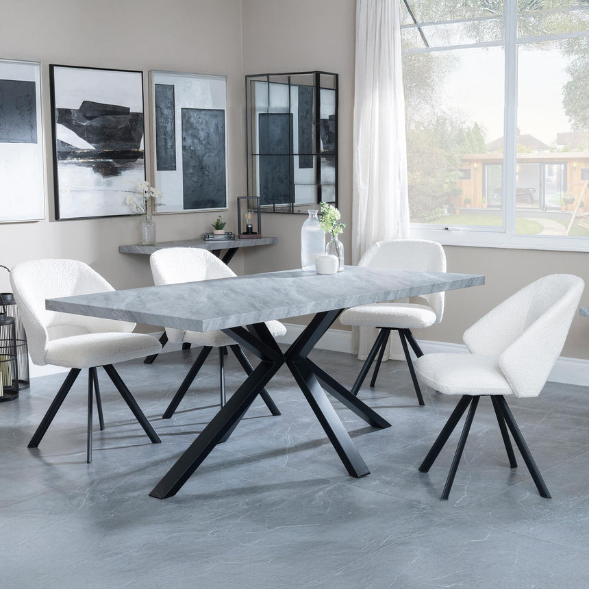 Ezra Grey Concrete Dining Set with Spider Legs - Ion Cream Boucle Teddy Fabric Swivel Dining Chair-5
