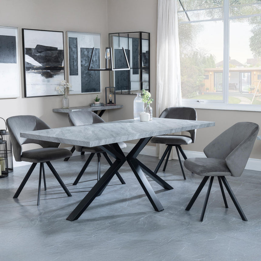 Ezra Grey Concrete Dining Set with Spider Legs - Ion Dark Grey Velvet Fabric Swivel Dining Chair