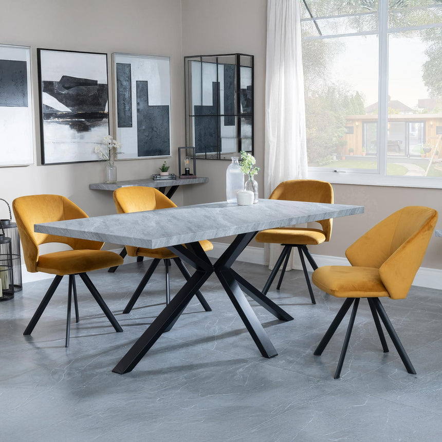 Ezra Grey Concrete Dining Set with Spider Legs - Ion Mustard Velvet Fabric Swivel Dining Chair-4