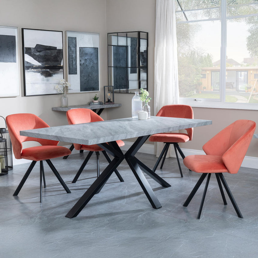 Ezra Grey Concrete Dining Set with Spider Legs - Ion Orange Velvet Fabric Swivel Dining Chair-3