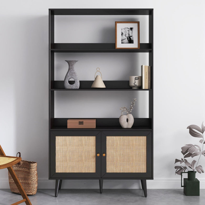 Ferrero Black and Woven Rattan Open Shelving Unit with Cupboard-2