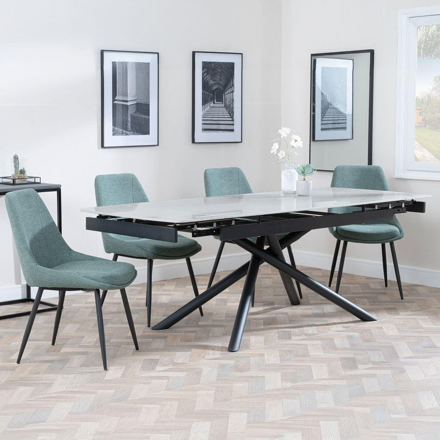 Apollo Grey Ceramic Extending Dining Set - Darwin Green Fabric Dining Chair