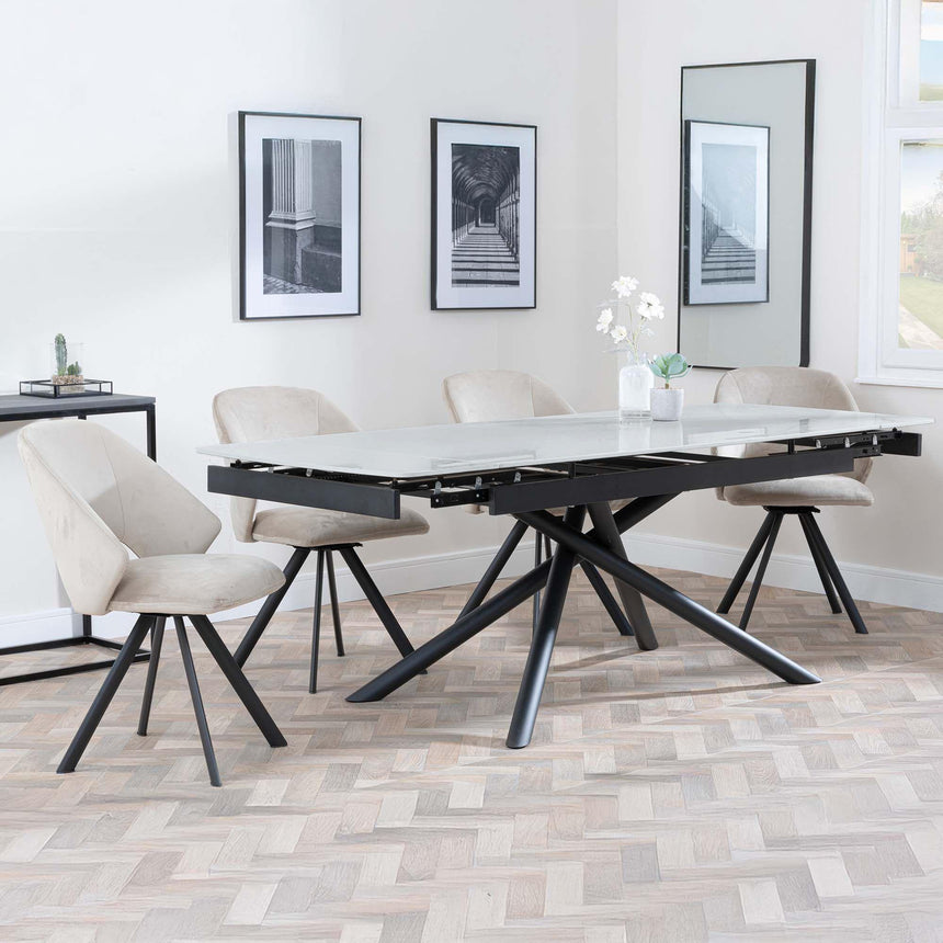 Apollo Grey Ceramic Extending Dining Set - Ion Beige Velvet Fabric Swivel Dining Chair