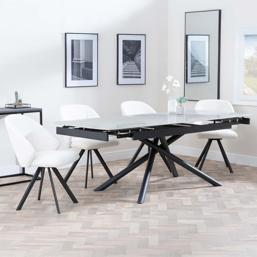 Apollo Grey Ceramic Extending Dining Set - Ion Cream Boucle Teddy Fabric Swivel Dining Chair-5