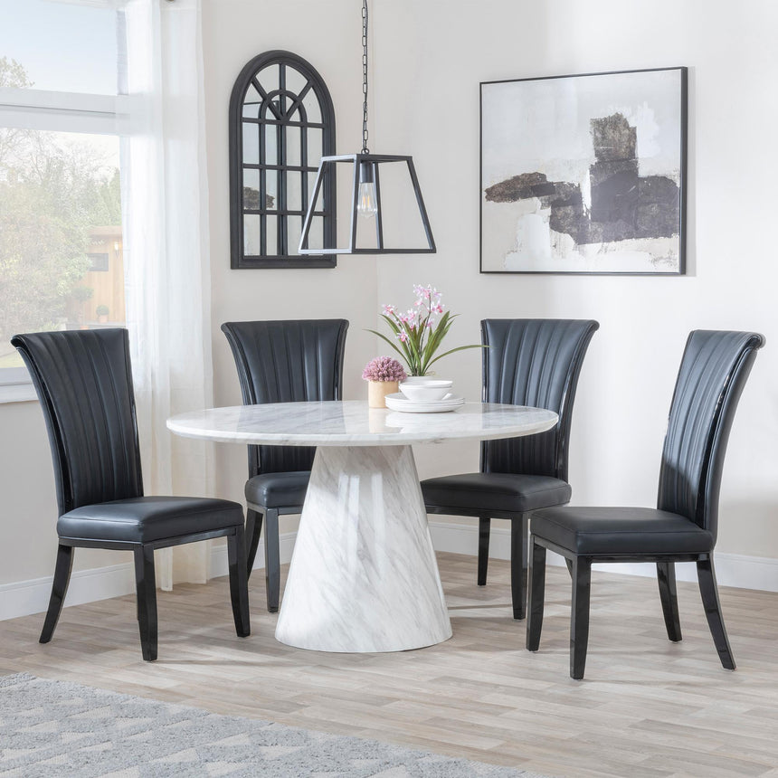 Carrera 4 Seater White Marble Round Dining Set - 4 Cadiz Black Leather Dining Chair-3