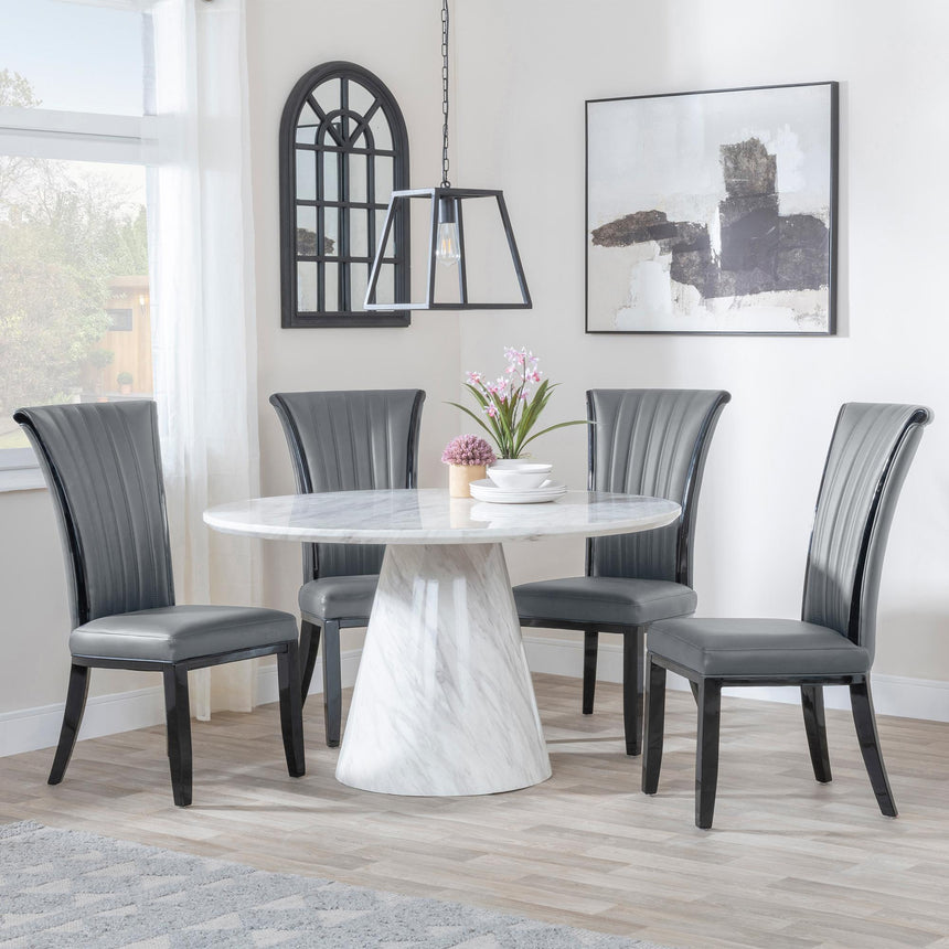 Carrera 4 Seater White Marble Round Dining Set - 4 Cadiz Grey Leather Dining Chair