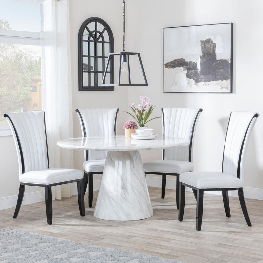 Carrera 4 Seater White Marble Round Dining Set - 4 Cadiz White Leather Dining Chair-2