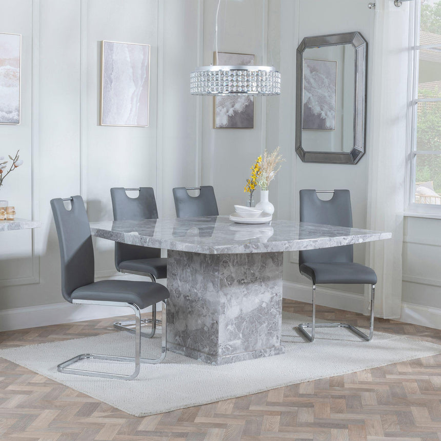 Turin Grey Marble Square Dining Set - Bianco Grey Faux Leather Dining Chair-3