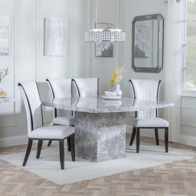 Turin Grey Marble Square Dining Set - Cadiz White Leather Dining Chair