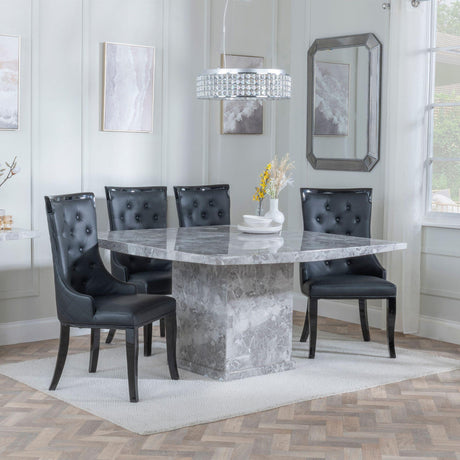Turin Grey Marble Square Dining Set - Carmela Black Leather Dining Chair-2