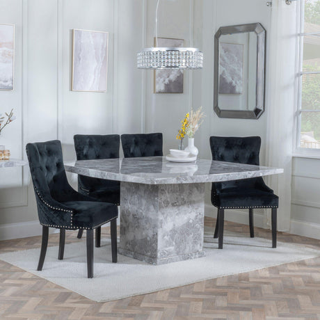 Turin Grey Marble Square Dining Set - Lion Knocker Back Black Velvet Fabric Dining Chair with Black Wooden Legs-2