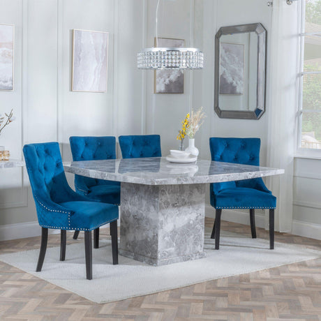 Turin Grey Marble Square Dining Set - Lion Knocker Back Blue Velvet Fabric Dining Chair with Black Wooden Legs-3
