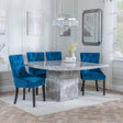 Turin Grey Marble Square Dining Set - Lion Knocker Back Blue Velvet Fabric Dining Chair with Black Wooden Legs
