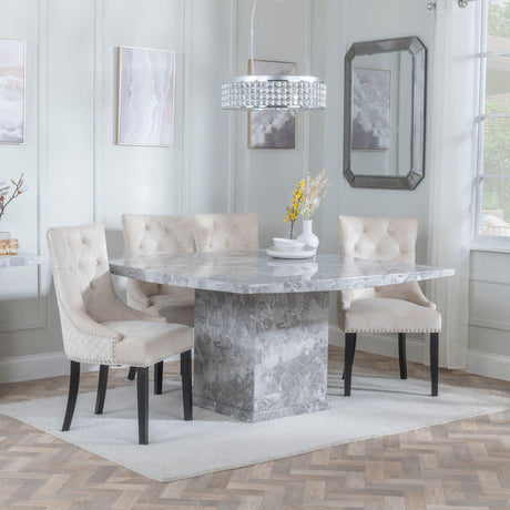 Turin Grey Marble Square Dining Set - Lion Knocker Back Champagne Velvet Fabric Dining Chair with Black Wooden Legs-4