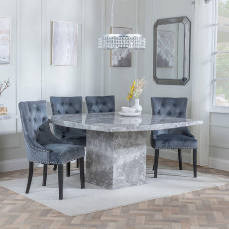 Turin Grey Marble Square Dining Set - Lion Knocker Back Grey Velvet Fabric Dining Chair with Black Wooden Legs-2