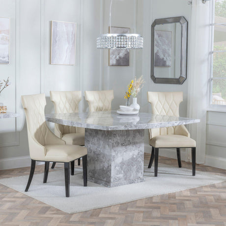 Turin Grey Marble Square Dining Set - Mimi Cream Leather Dining Chair
