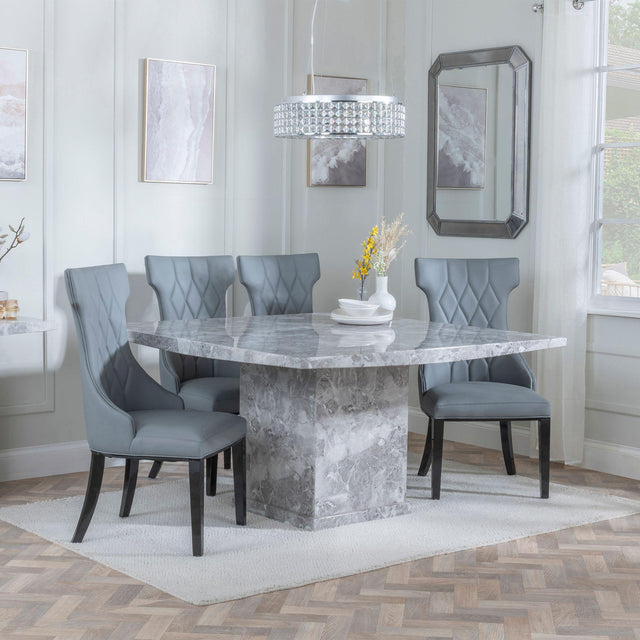 Turin Grey Marble Square Dining Set - Mimi Grey Leather Dining Chair
