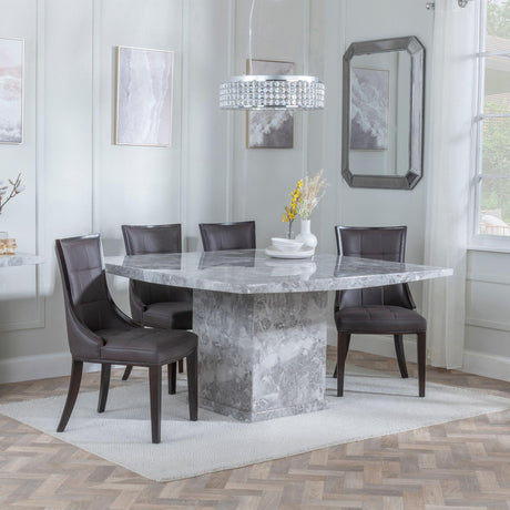 Turin Grey Marble Square Dining Set - Paris Brown Leather Dining Chair with Brown Legs-2