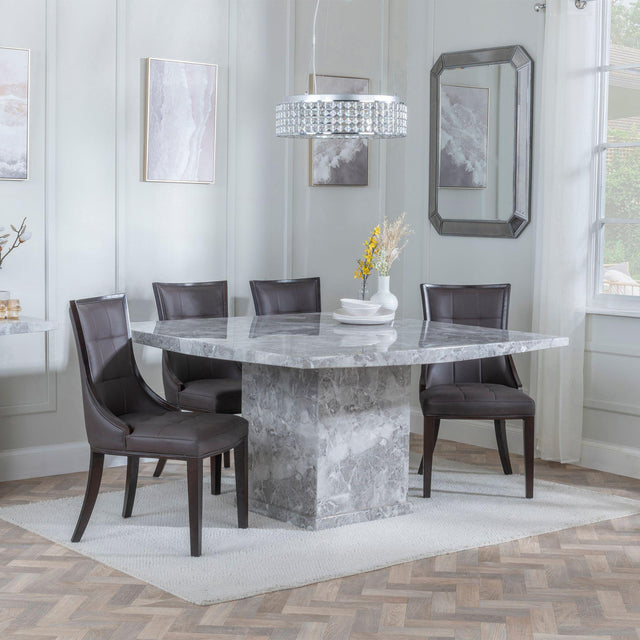 Turin Grey Marble Square Dining Set - Paris Brown Leather Dining Chair with Brown Legs