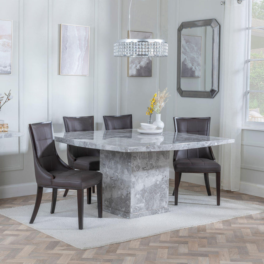 Turin Grey Marble Square Dining Set - Paris Brown Leather Dining Chair with Brown Legs-3