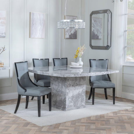 Turin Grey Marble Square Dining Set - Paris Grey Leather Dining Chair with Black Legs