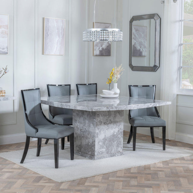 Turin Grey Marble Square Dining Set - Paris Grey Leather Dining Chair with Black Legs