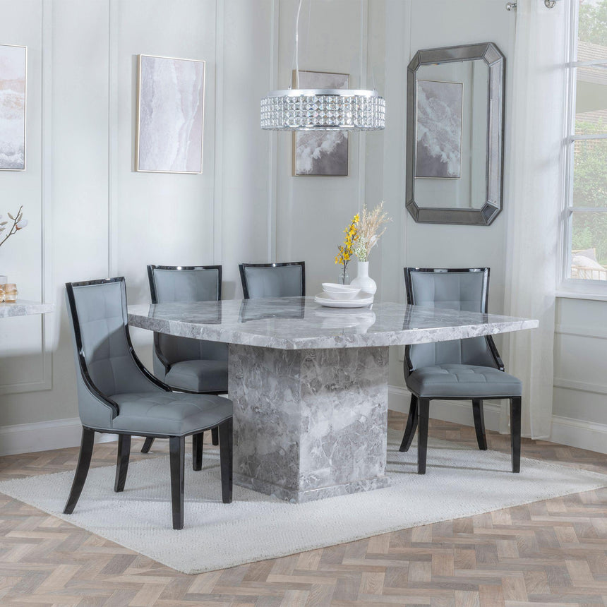 Turin Grey Marble Square Dining Set - Paris Grey Leather Dining Chair with Black Legs