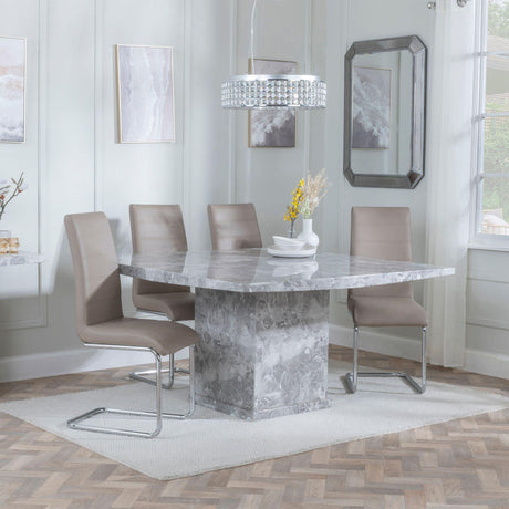 Turin Grey Marble Square Dining Set - Roma Beige Faux Leather Dining Chair-2