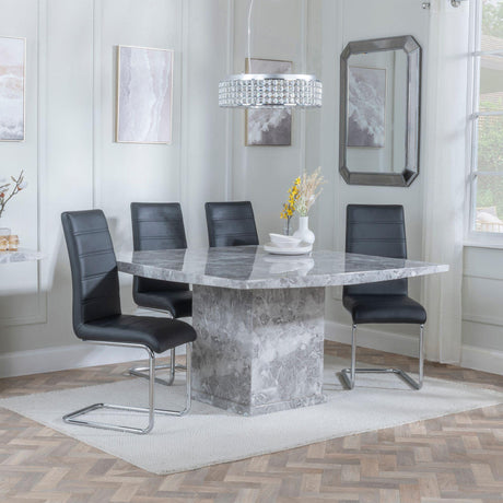 Turin Grey Marble Square Dining Set - Roma Black Faux Leather Dining Chair-3